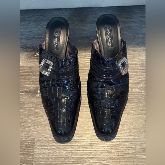 Brighton Shoes - Brighton Tudor Mules Women’s 11 Black Croc Pattern Patent Leather Mules Heels